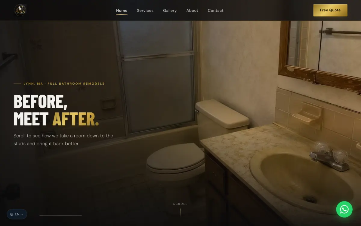 The Avila Tile and Flooring homepage, showing a bathroom before renovation with the headline Before, meet after.