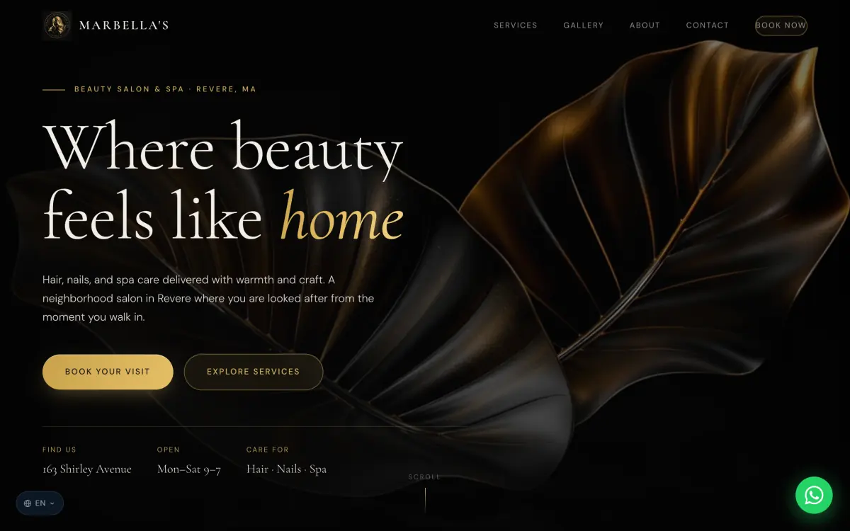 The Marbella's Beauty Salon and Spa homepage, with a gold botanical hero and the headline Where beauty feels like home.