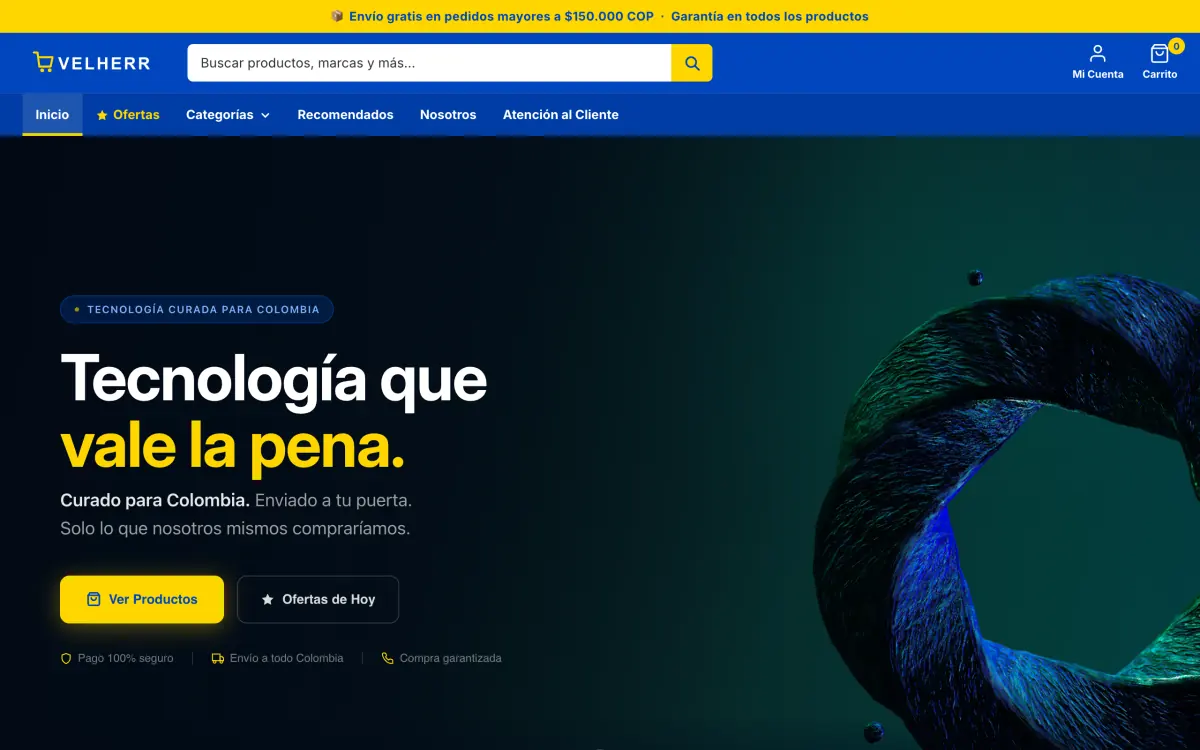 The Velherr storefront, a Spanish-language electronics shop with the headline Tecnologia que vale la pena.