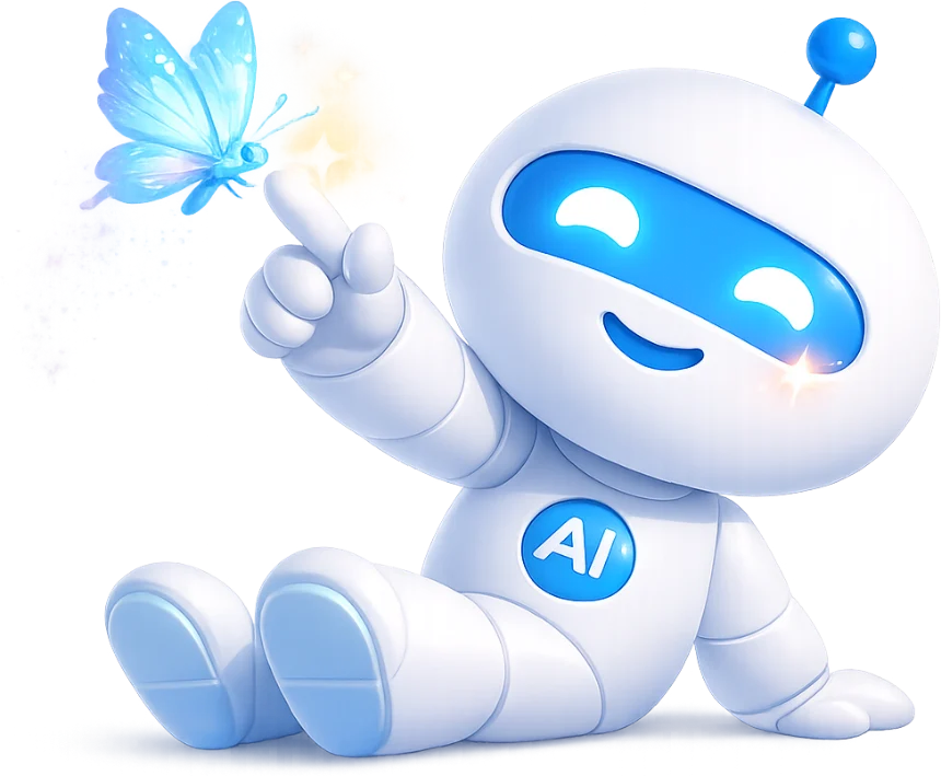 The Assistly AI mascot smiling and pointing at a glowing butterfly